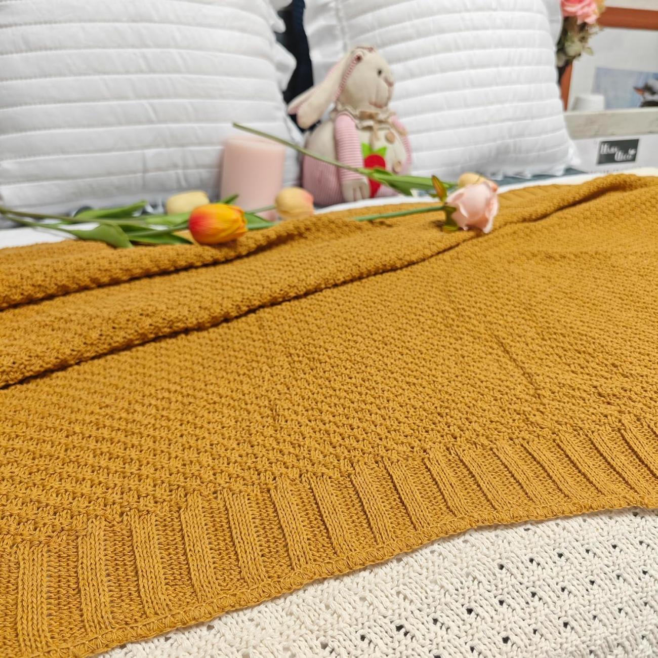 Plaid pie de cama algodín de punto con pompones