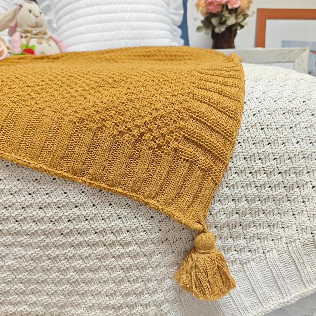 Plaid pie de cama algodín de punto con pompones
