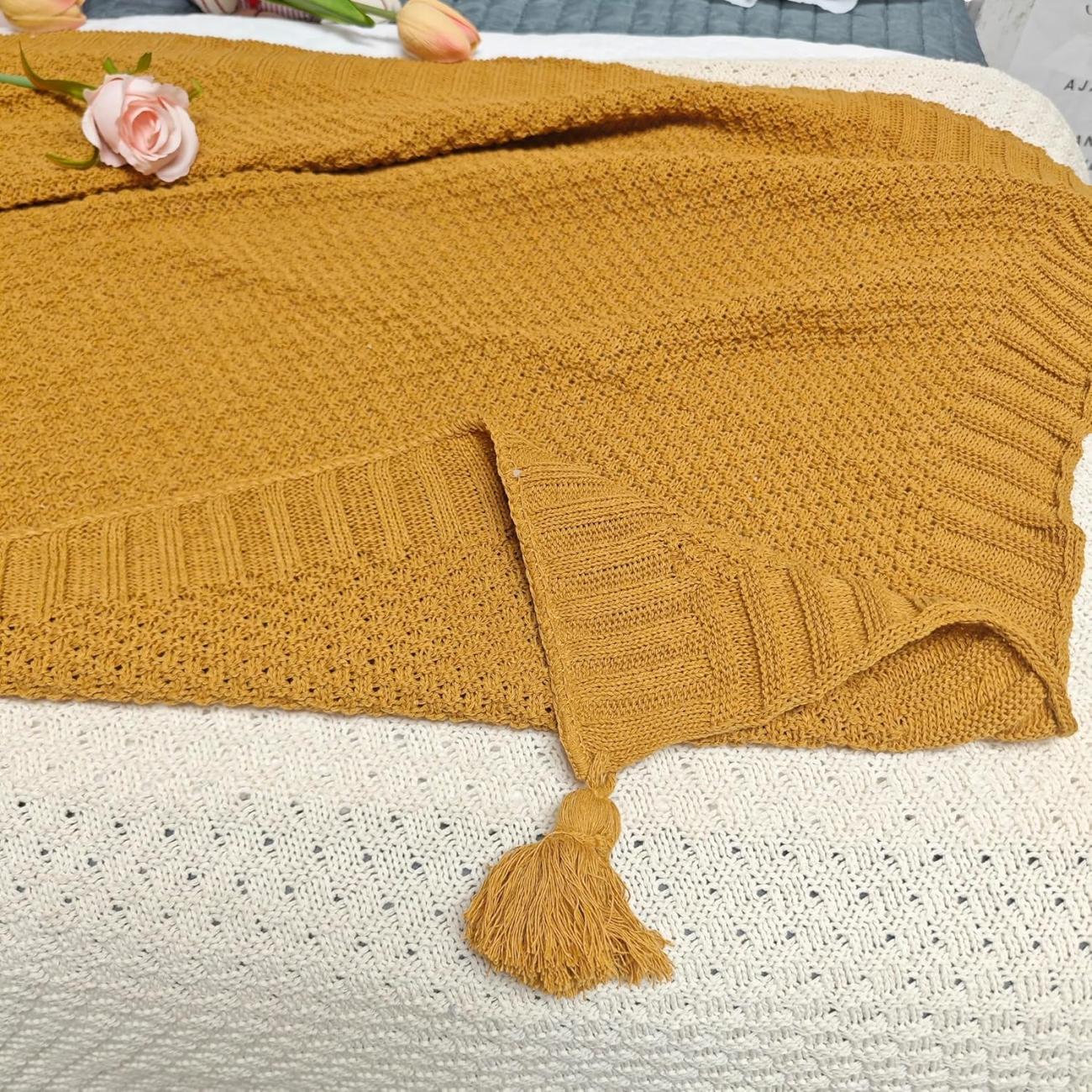 Plaid pie de cama algodín de punto con pompones
