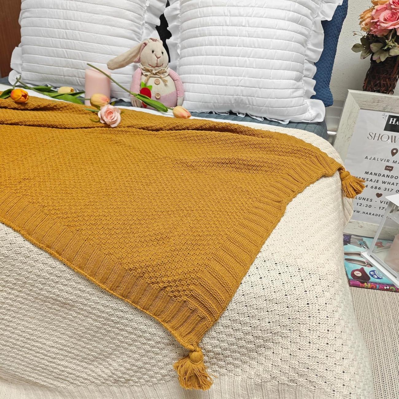 Plaid pie de cama algodín de punto con pompones